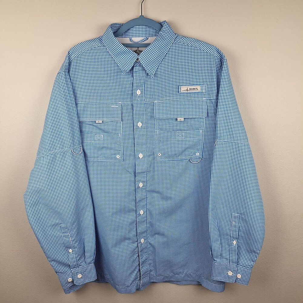 Habit Shirt Mens Large Blue Gingham Button Up Long Sleeve Fishing UV Performance